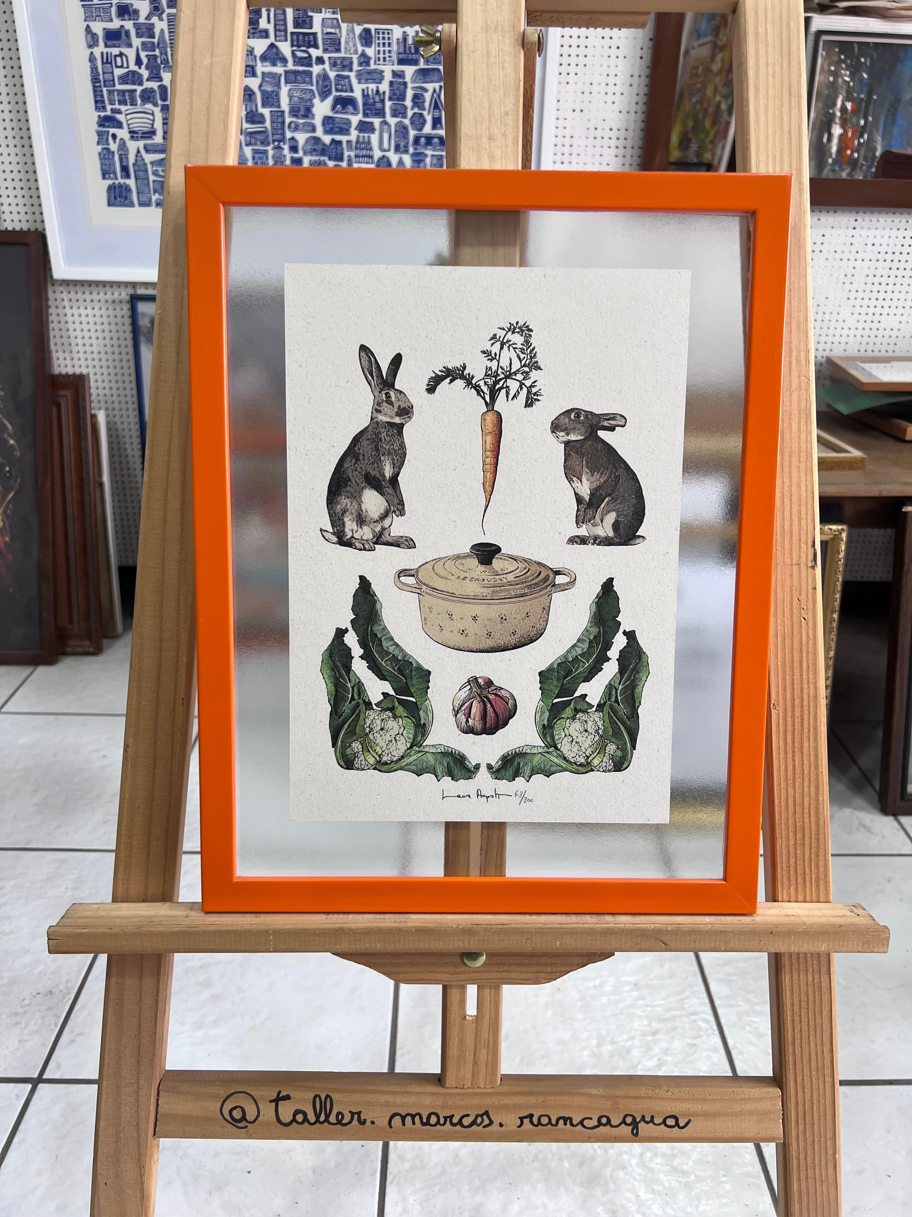 Ilustración de conejos y huerta enmarcada en marco naranja