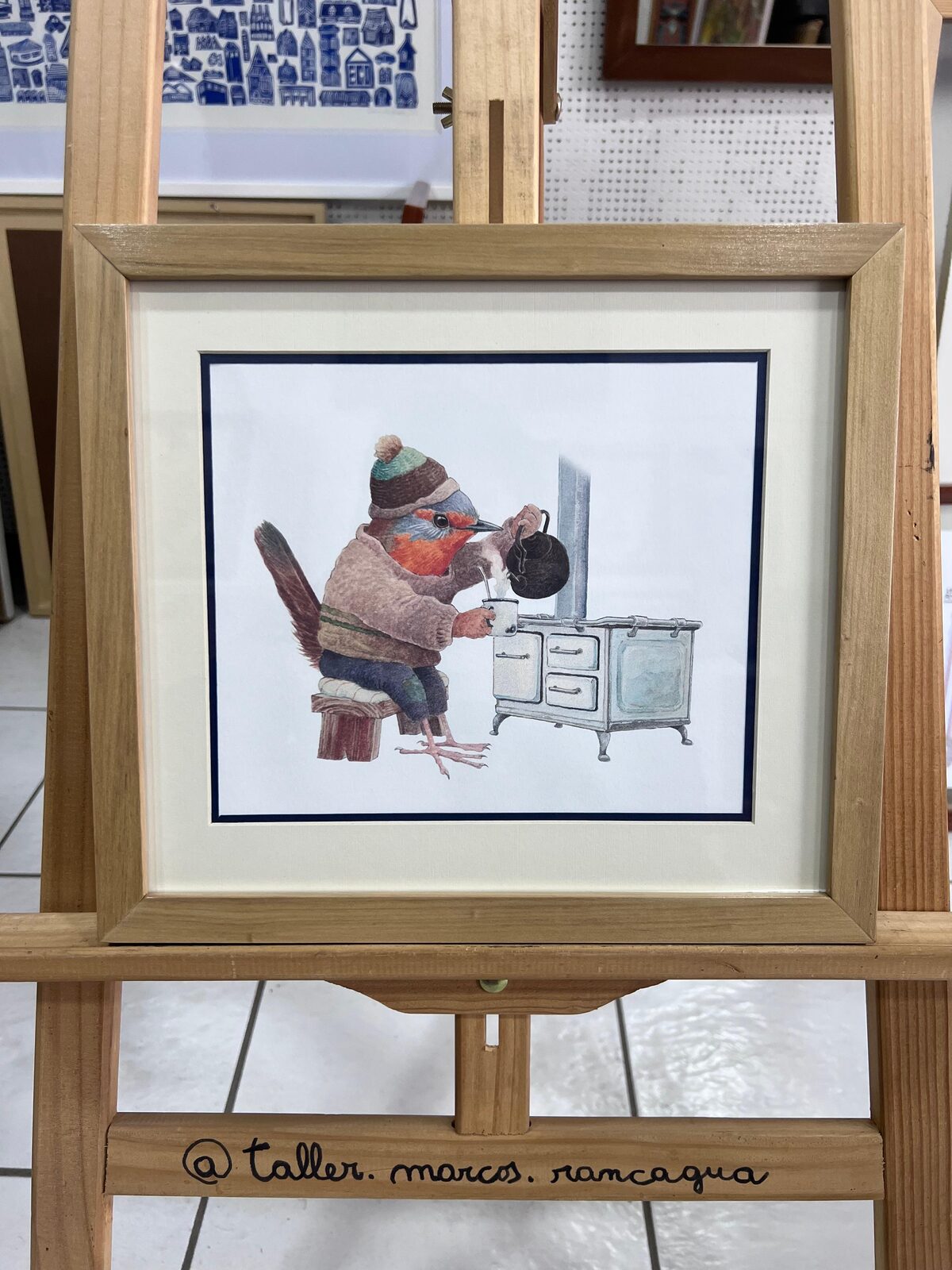 Ilustración enmarcada con paspartú blanco invierno y filete azul
