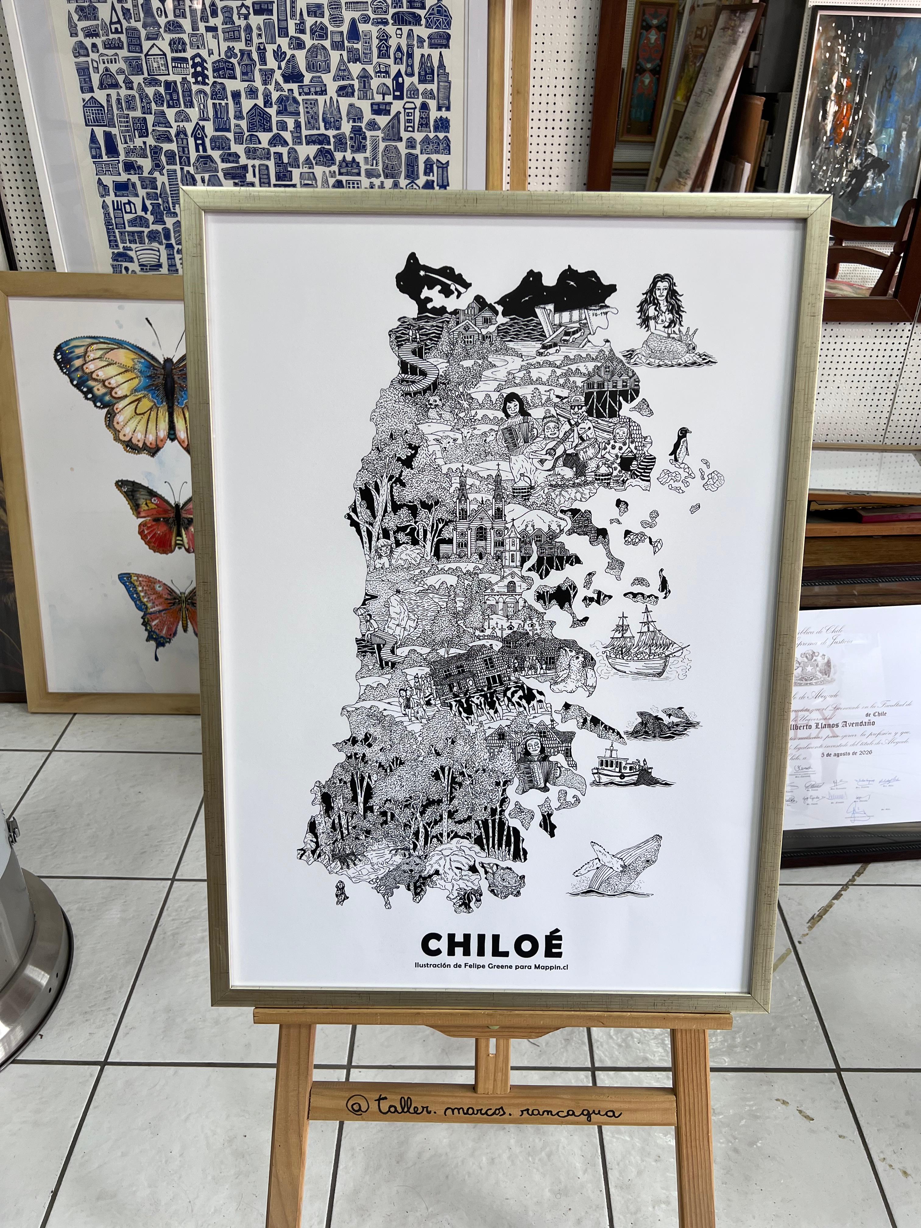 Lámina ilustrada mapa de Chiloé en blanco y negro enmarcada