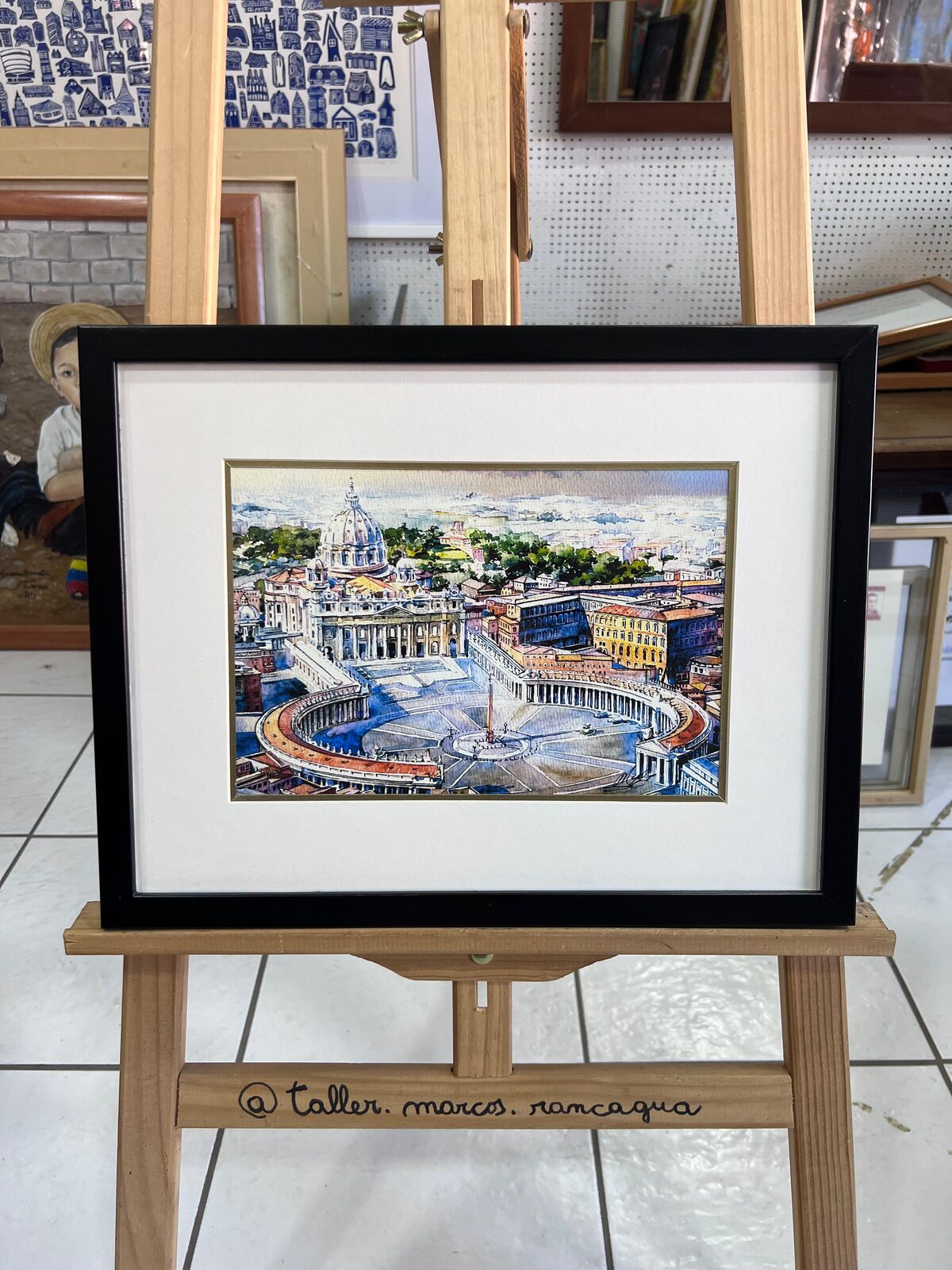 Lámina acuarela panorámica de Roma enmarcada con passepartout