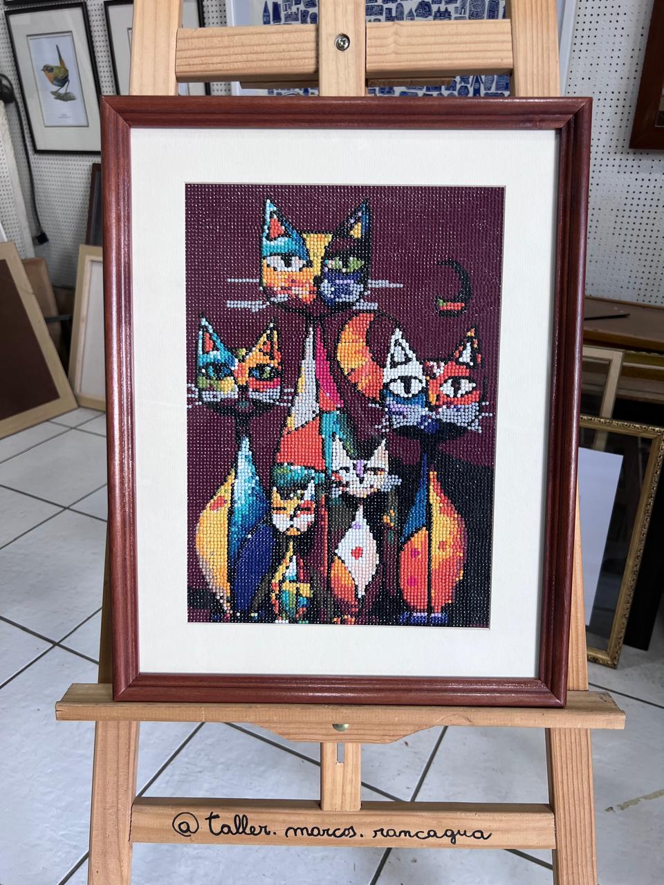 Cuadro de gatos de colores enmarcado con passepartout en marco caoba