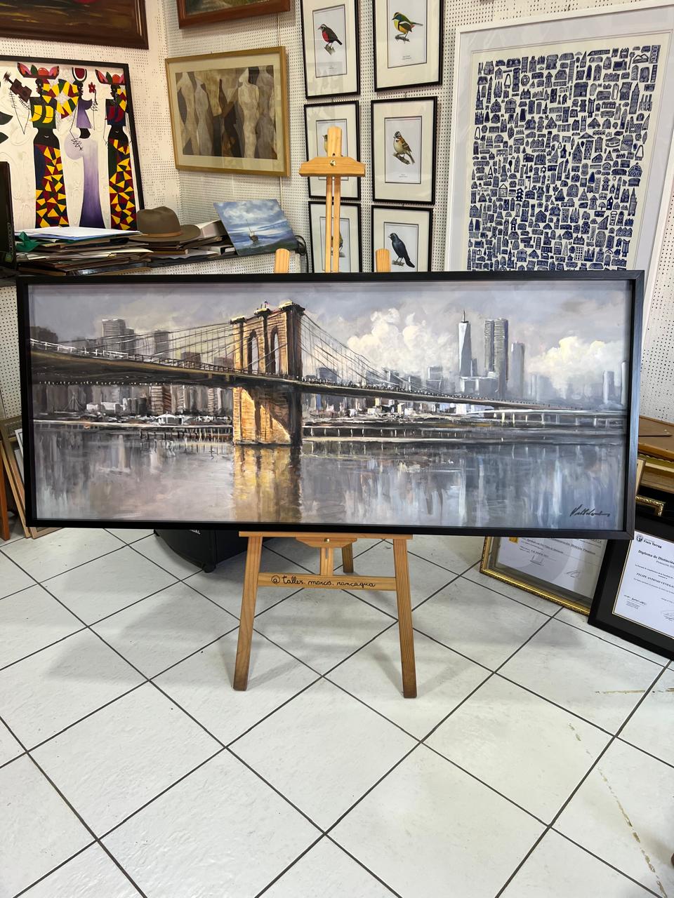 Óleo Puente de Brooklyn Nueva York enmarcado