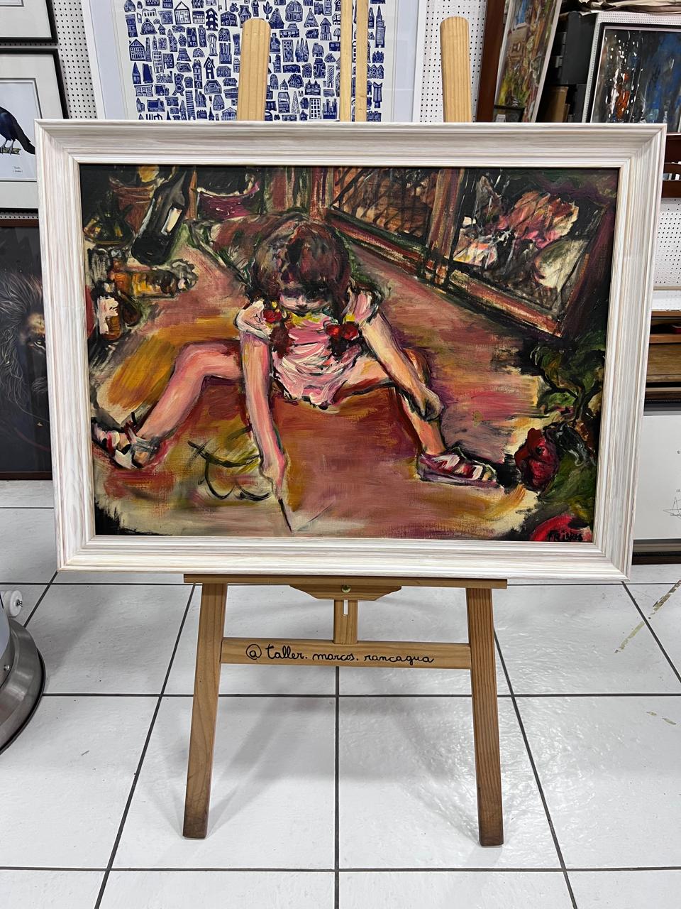 Óleo escena figurativa enmarcado en marco blanco
