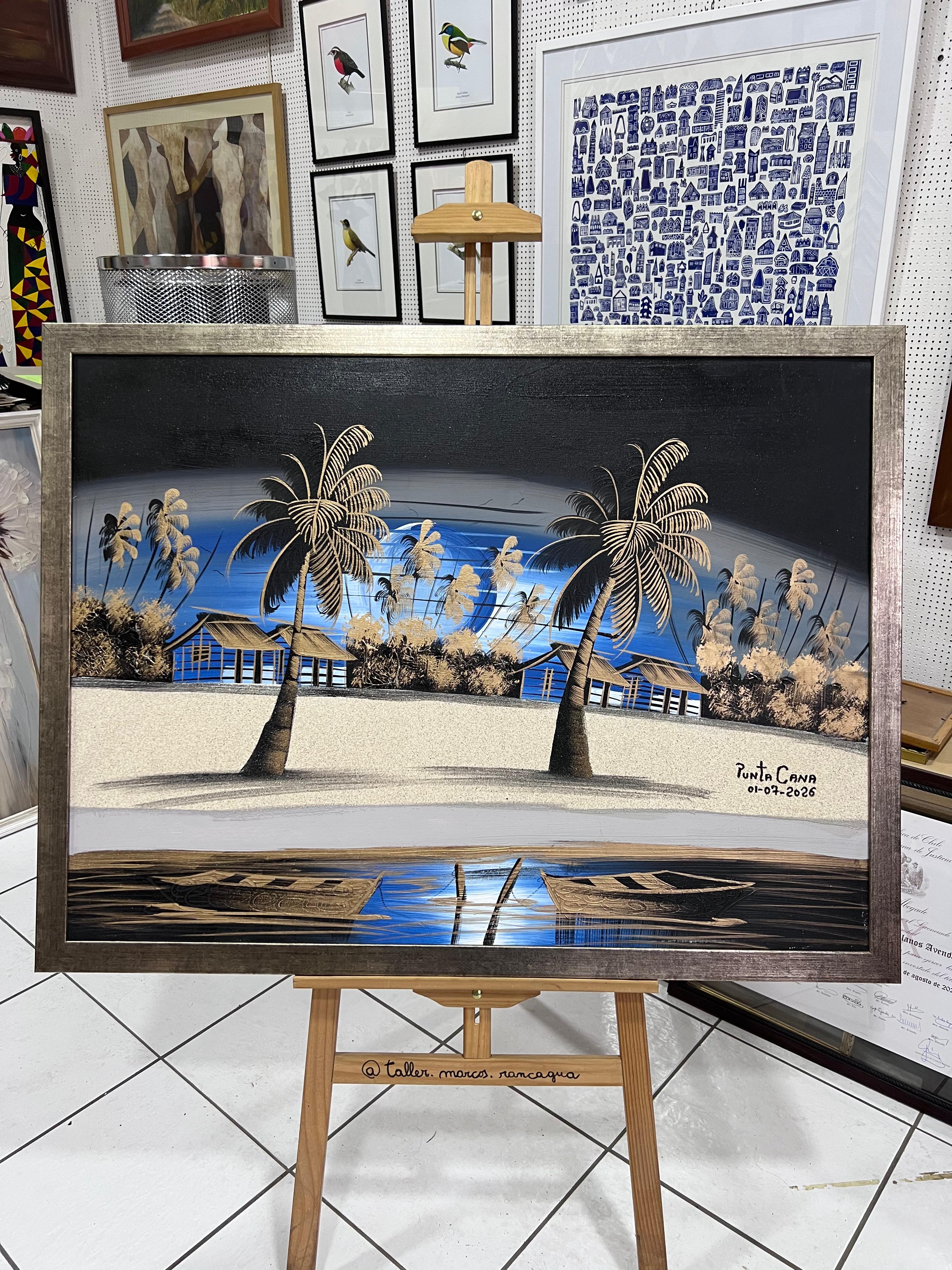 Óleo de playa con palmeras al atardecer enmarcado
